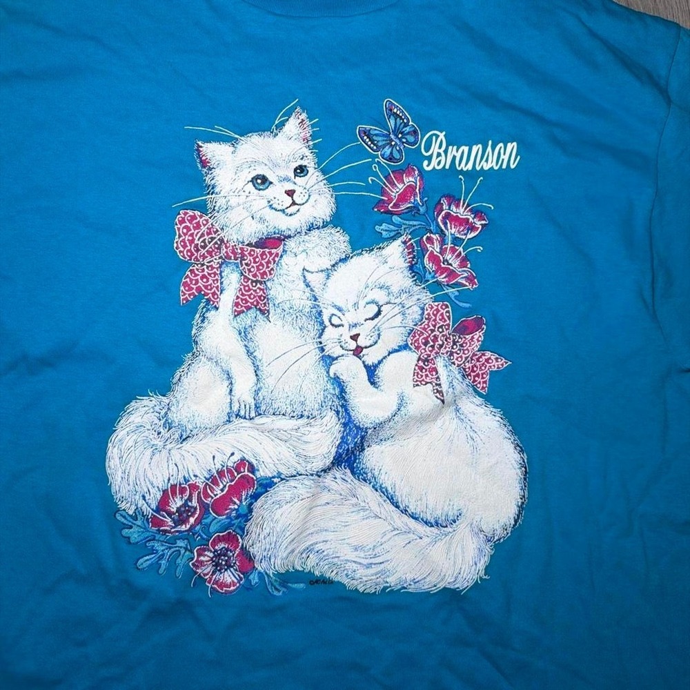Vintage 90's Blue Branson Missouri graphic tee with cat graphic NWT